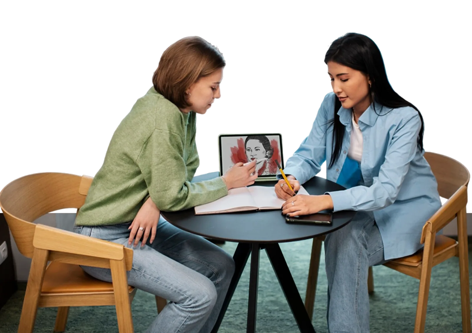 Art Therapy | CAQA LLND Two women discuss artwork on a tablet during an LLND support session.