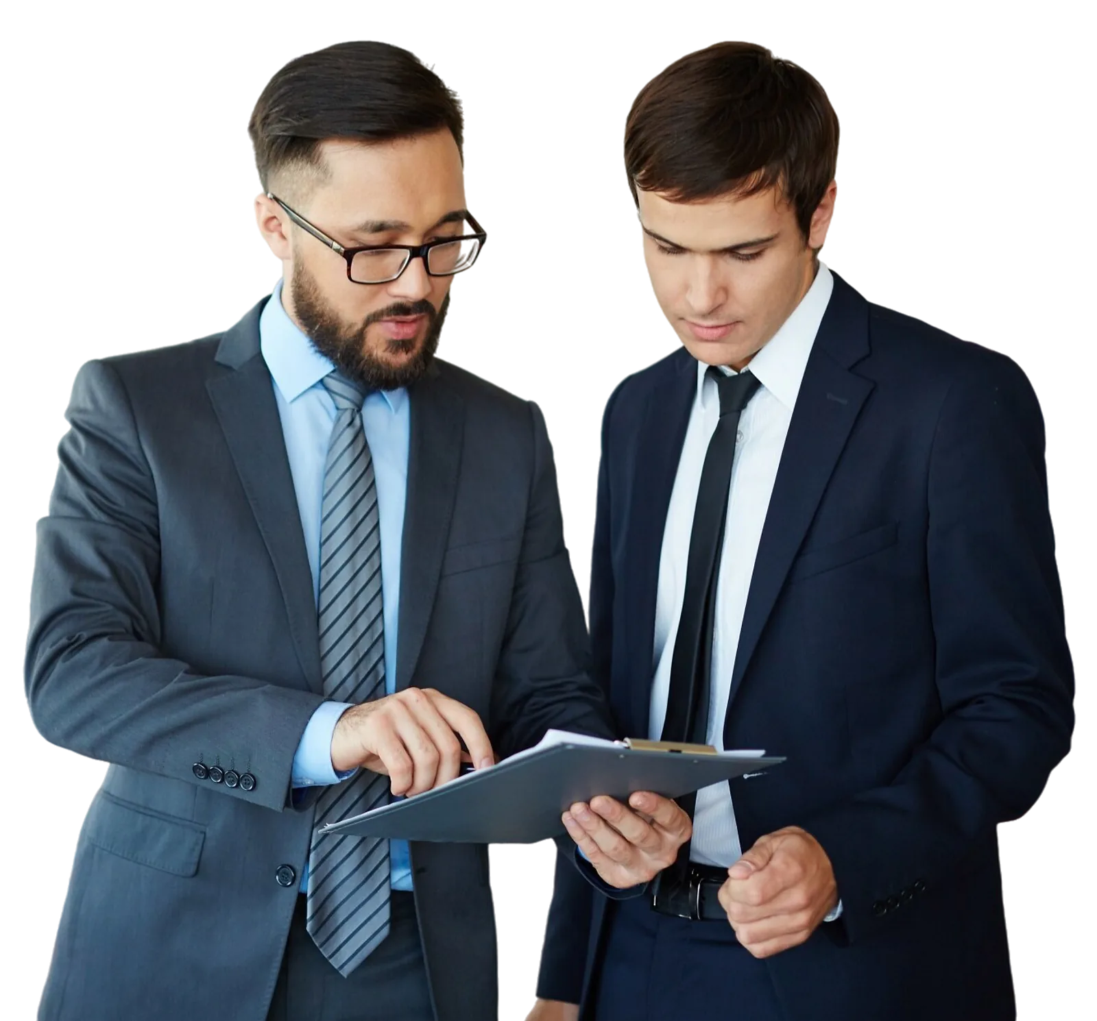 Business Meeting | CAQA LLND Two businessmen in suits review documents together during a meeting, demonstrating professional development resources.