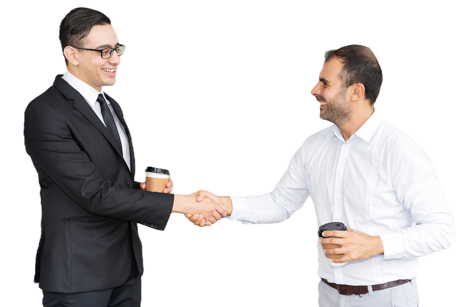Business Partners | CAQA LLND Two businessmen shake hands while holding coffee, demonstrating successful llnd training partnerships.