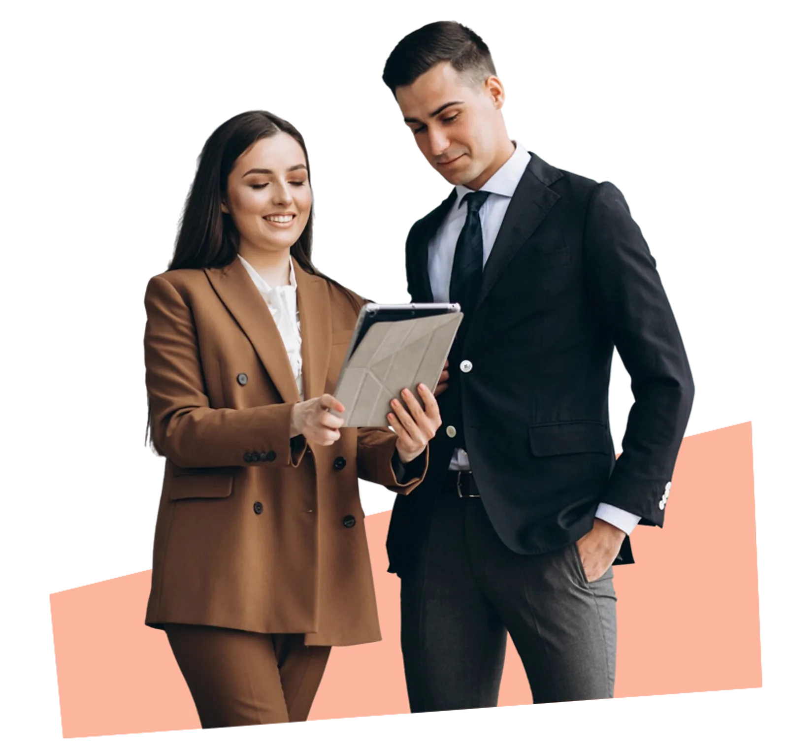 Business Professionals | CAQA LLND Two business professionals review data on a tablet, demonstrating CAQA LLND’s consultancy services.