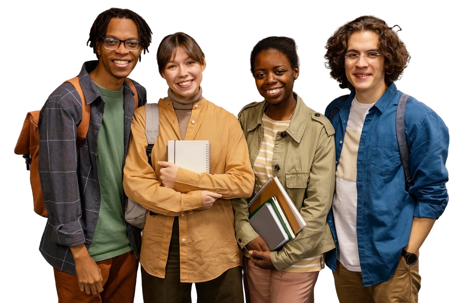 Diverse Students | CAQA LLND Four diverse students smile while holding books and backpacks, demonstrating CAQA LLND's focus on employability skills.