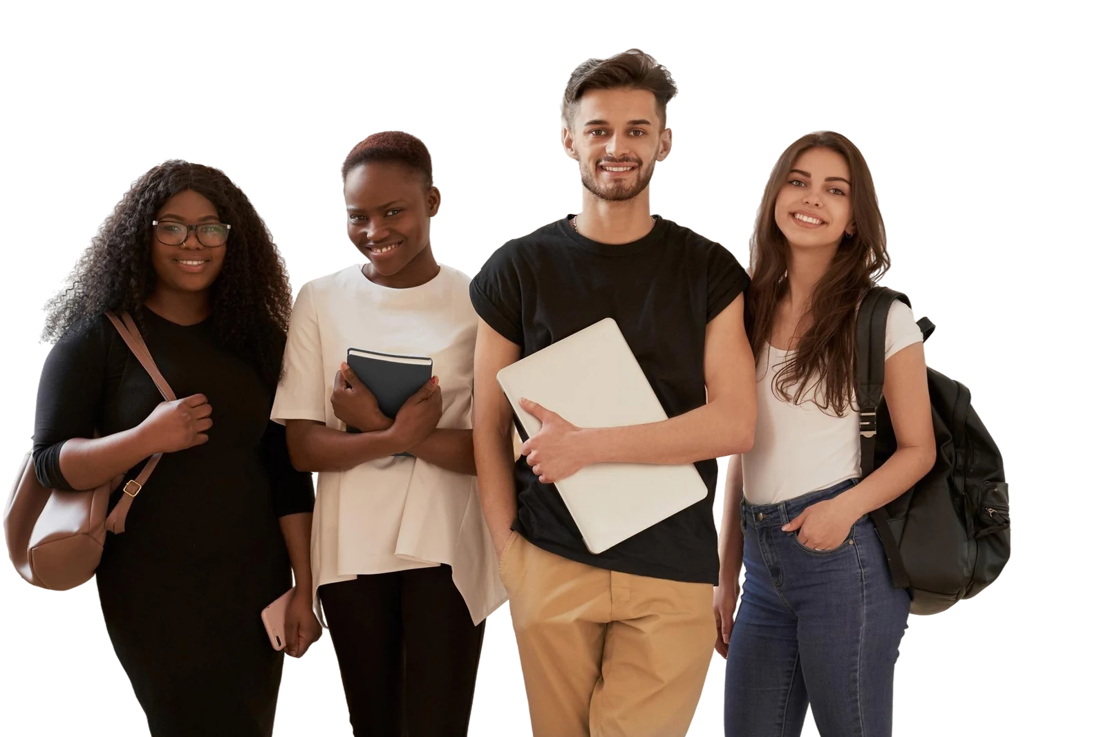 Diverse Students | CAQA LLND Four diverse students stand together holding books and backpacks, demonstrating CAQA LLND's focus on employability skills.