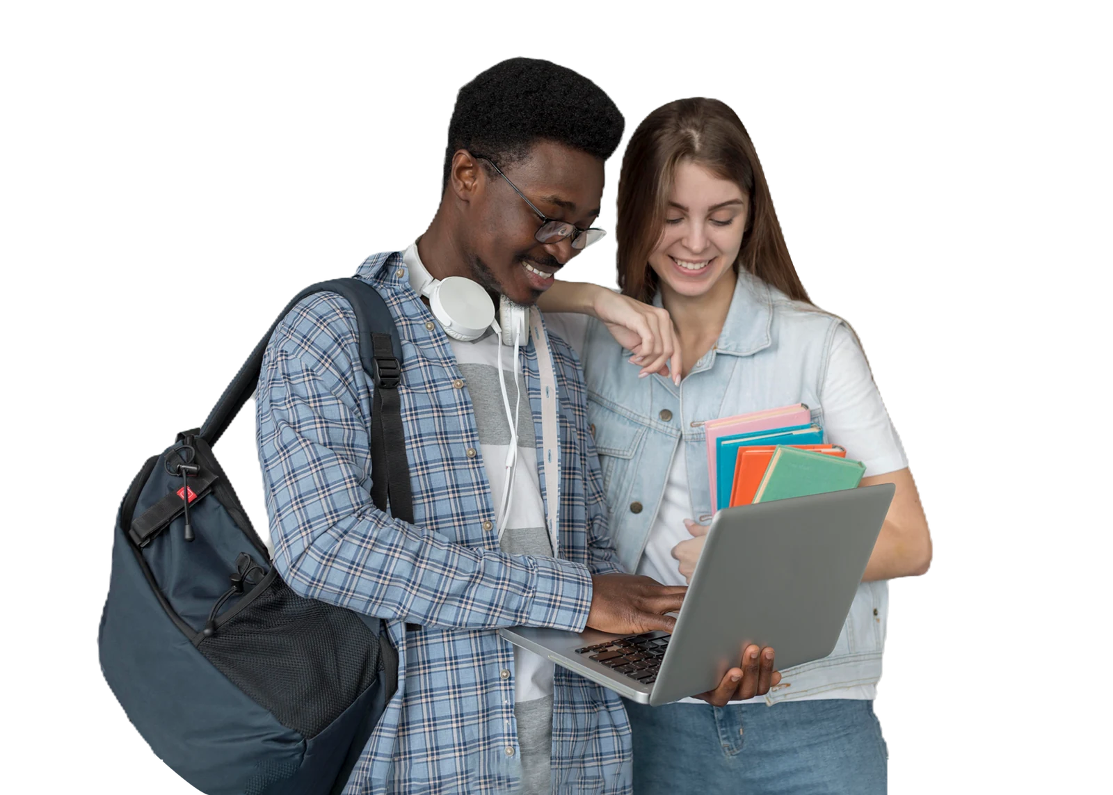 Happy Students | CAQA LLND Two students collaborate on a laptop while holding books and wearing backpacks, demonstrating foundation skills training.