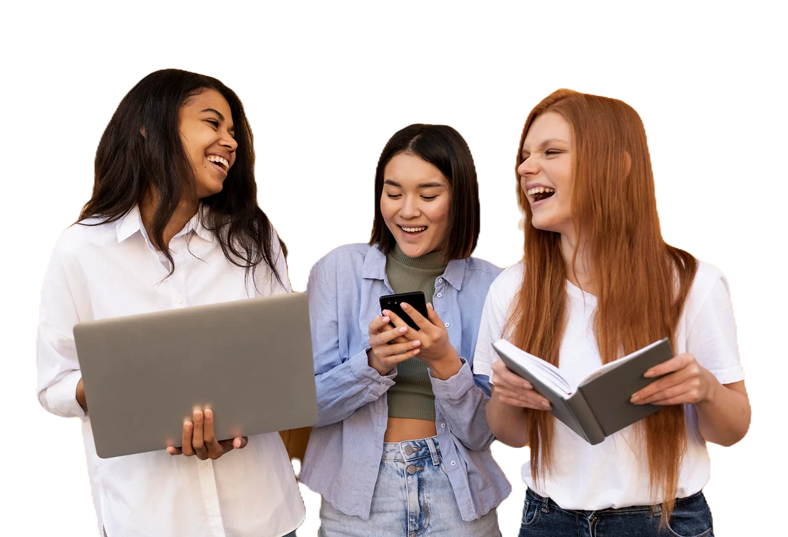 Happy Students | CAQA LLND Three students collaborate on a laptop and phone, demonstrating successful foundation skills training.
