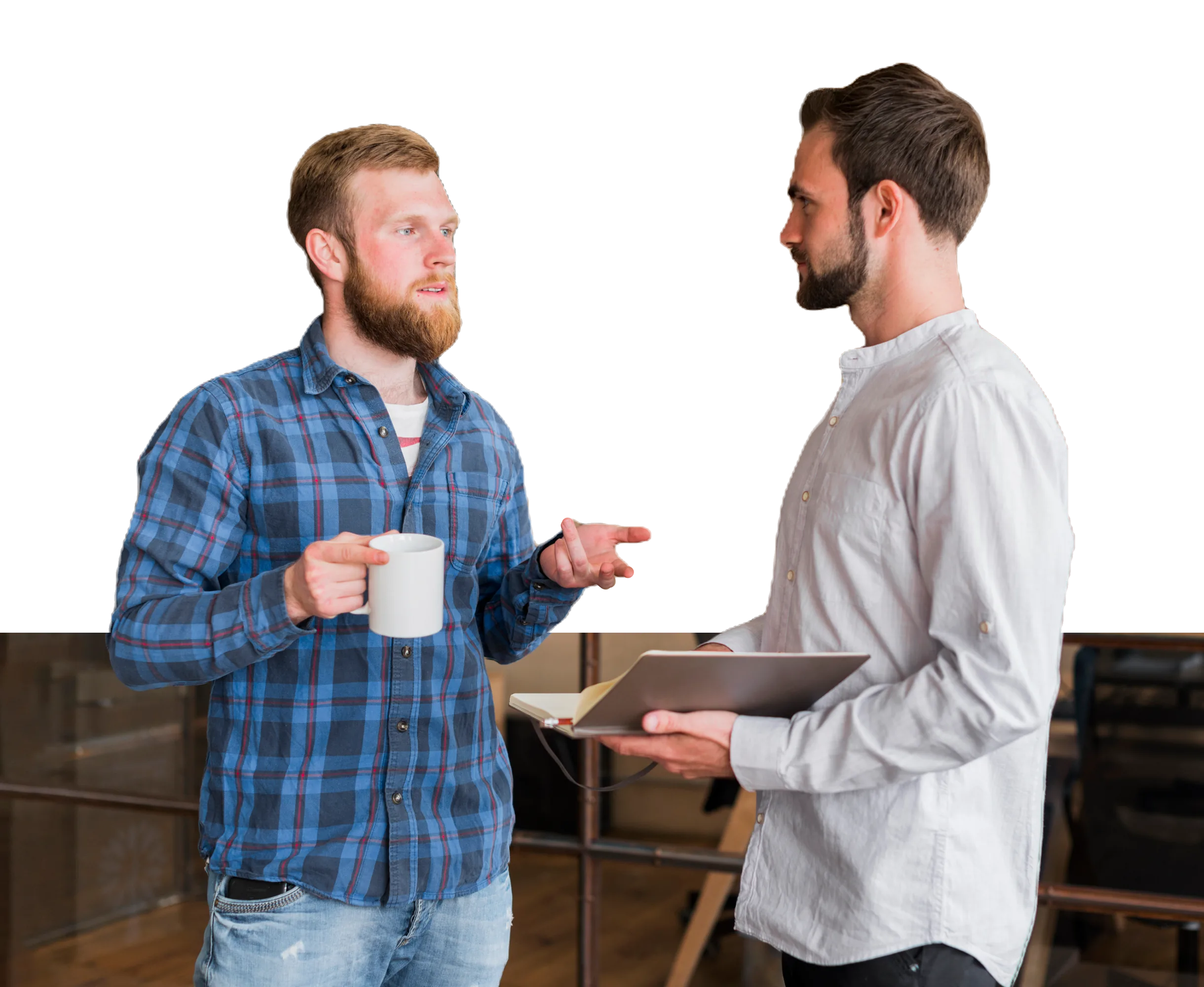 Job Readiness Training | CAQA LLND Two coworkers discuss LLND training while one holds a tablet and mug.