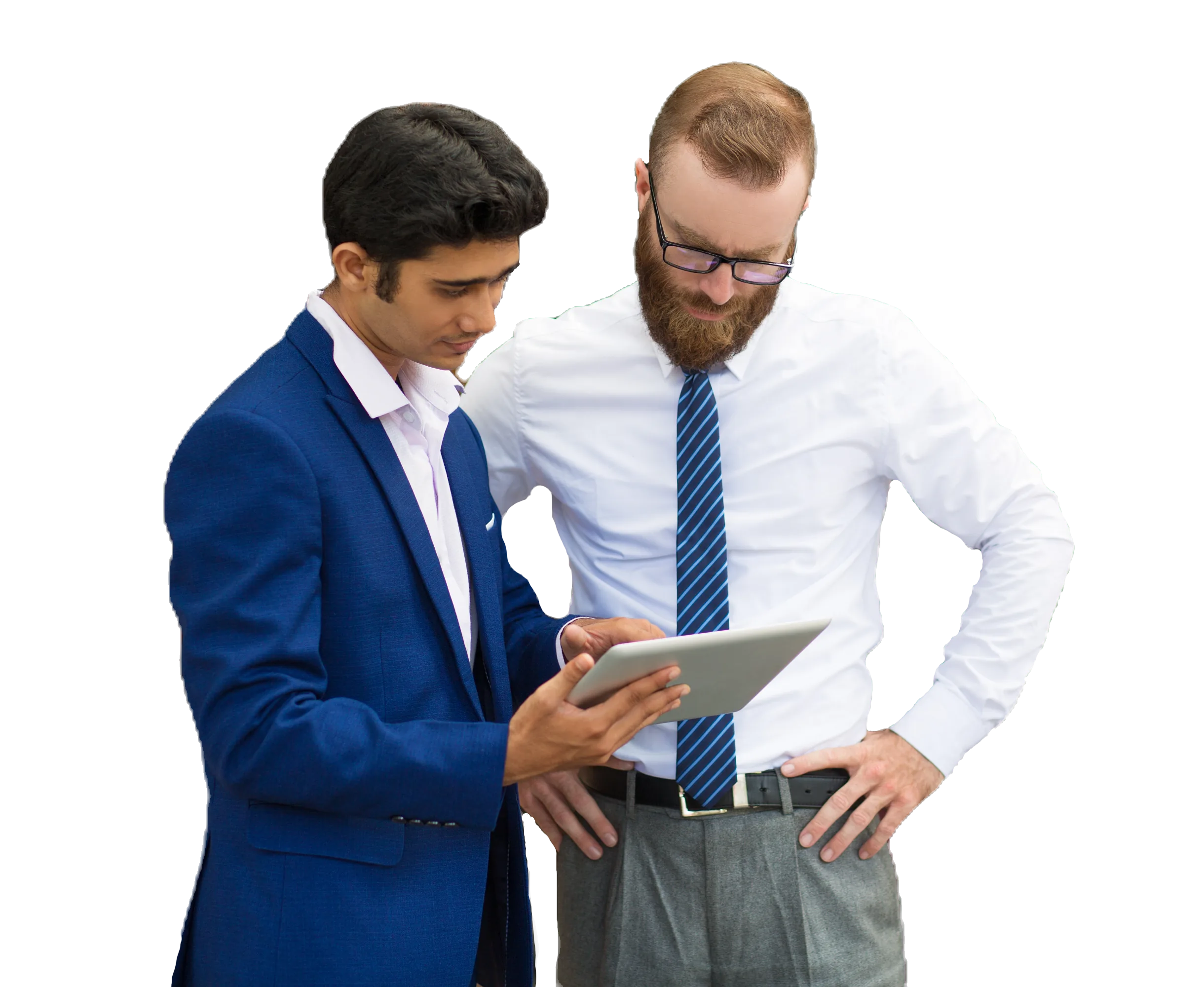 Managers Reviewing LLND | CAQA LLND Two businessmen review data on a tablet, discussing llnd assessment requirements during a meeting.