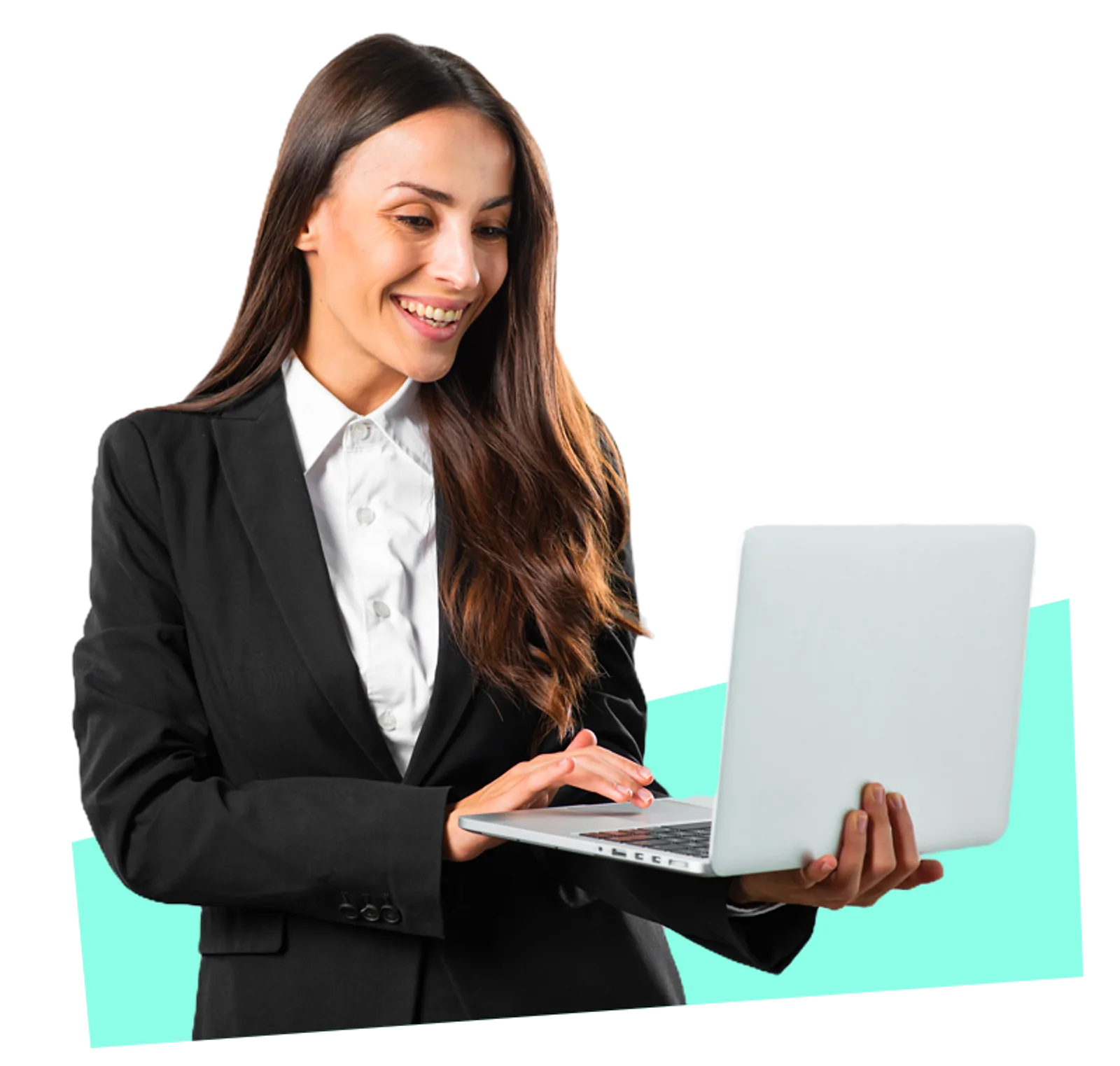 Businesswoman with Laptop | CAQA LLND A smiling businesswoman reviews an LLND assessment on a laptop, demonstrating technology in professional development.