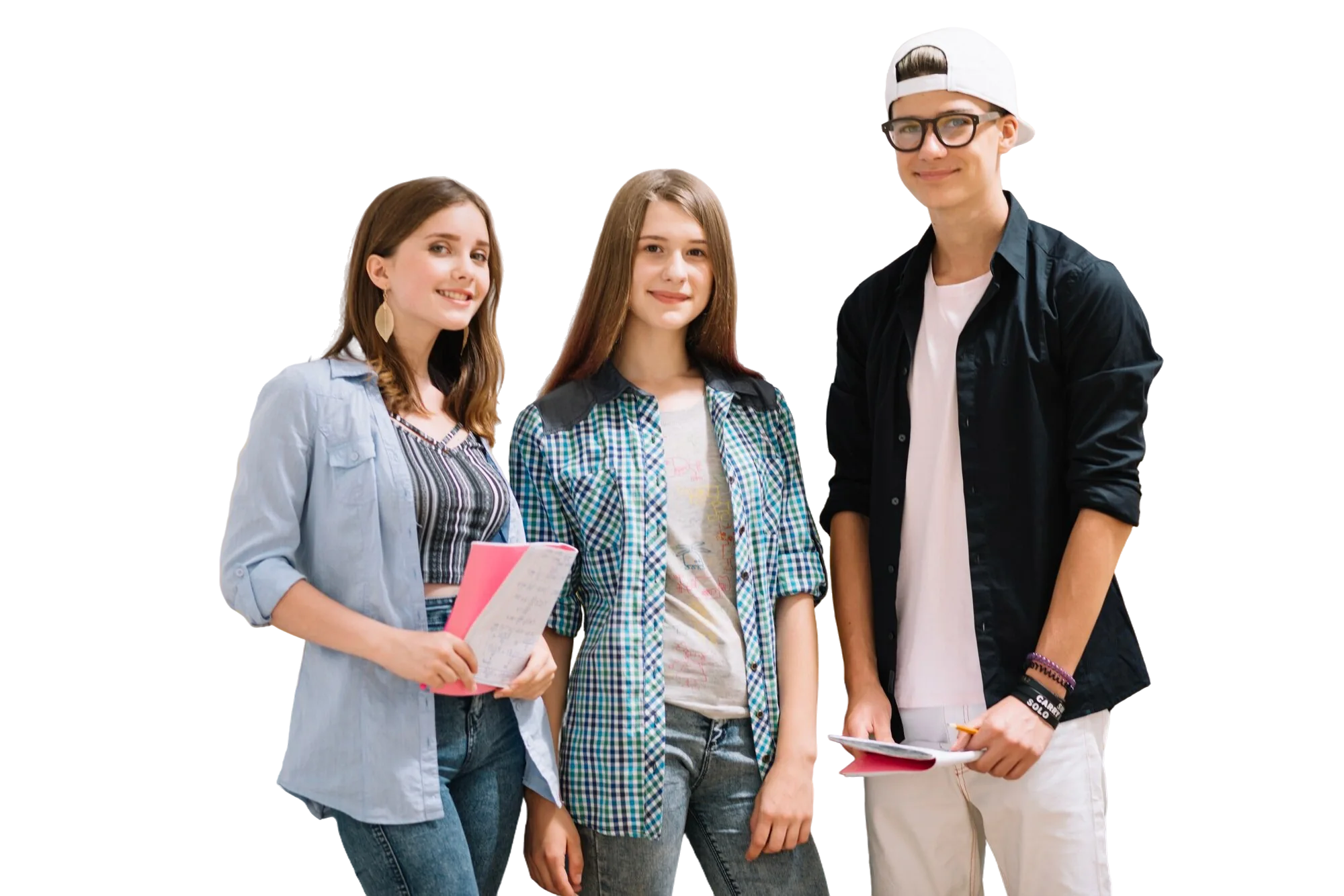 Students | CAQA LLND Three students stand together holding books and notebooks, demonstrating foundational skills training.