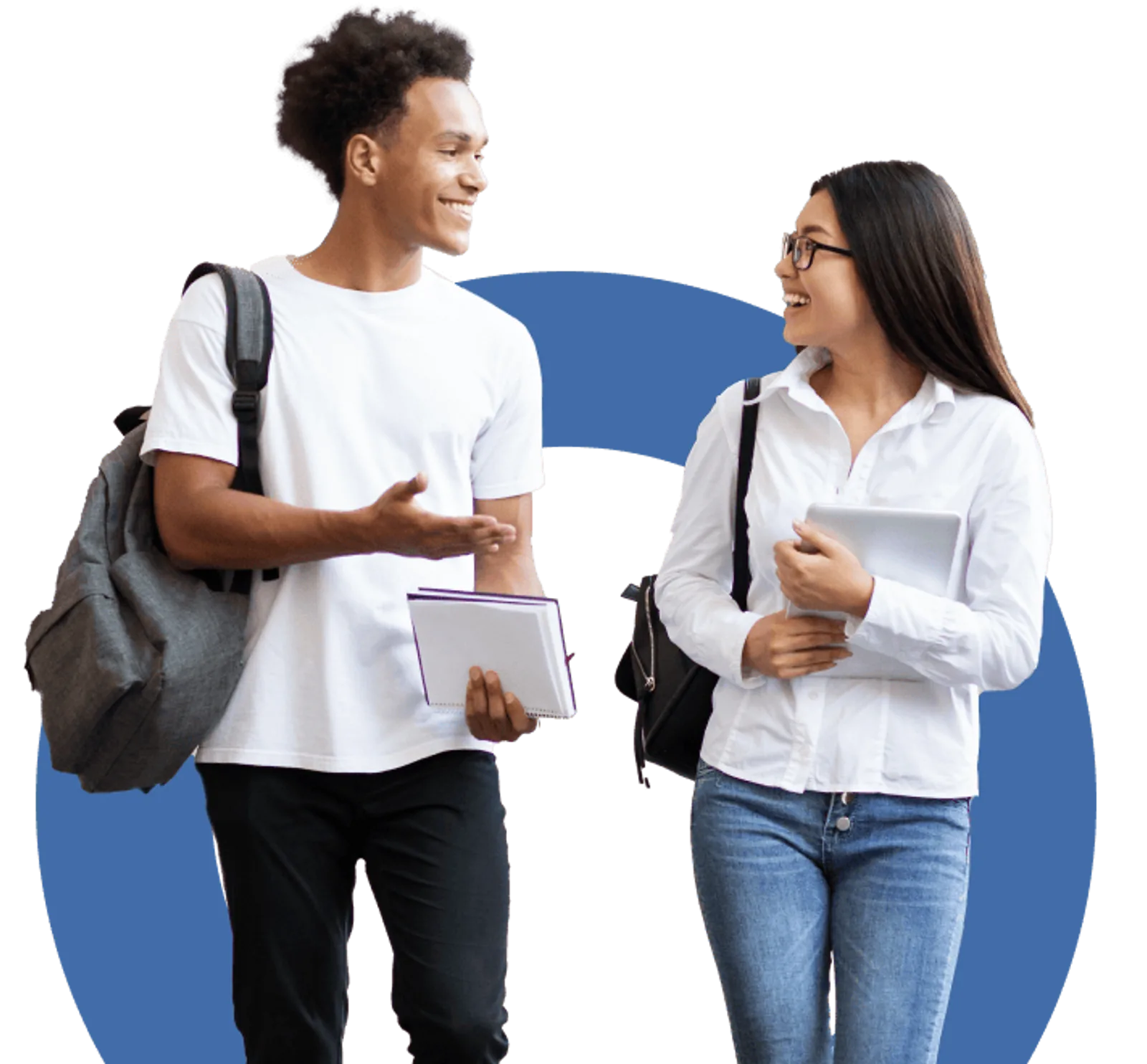Students Learning | CAQA LLND Two students walk and talk while carrying books, demonstrating foundational skills training.