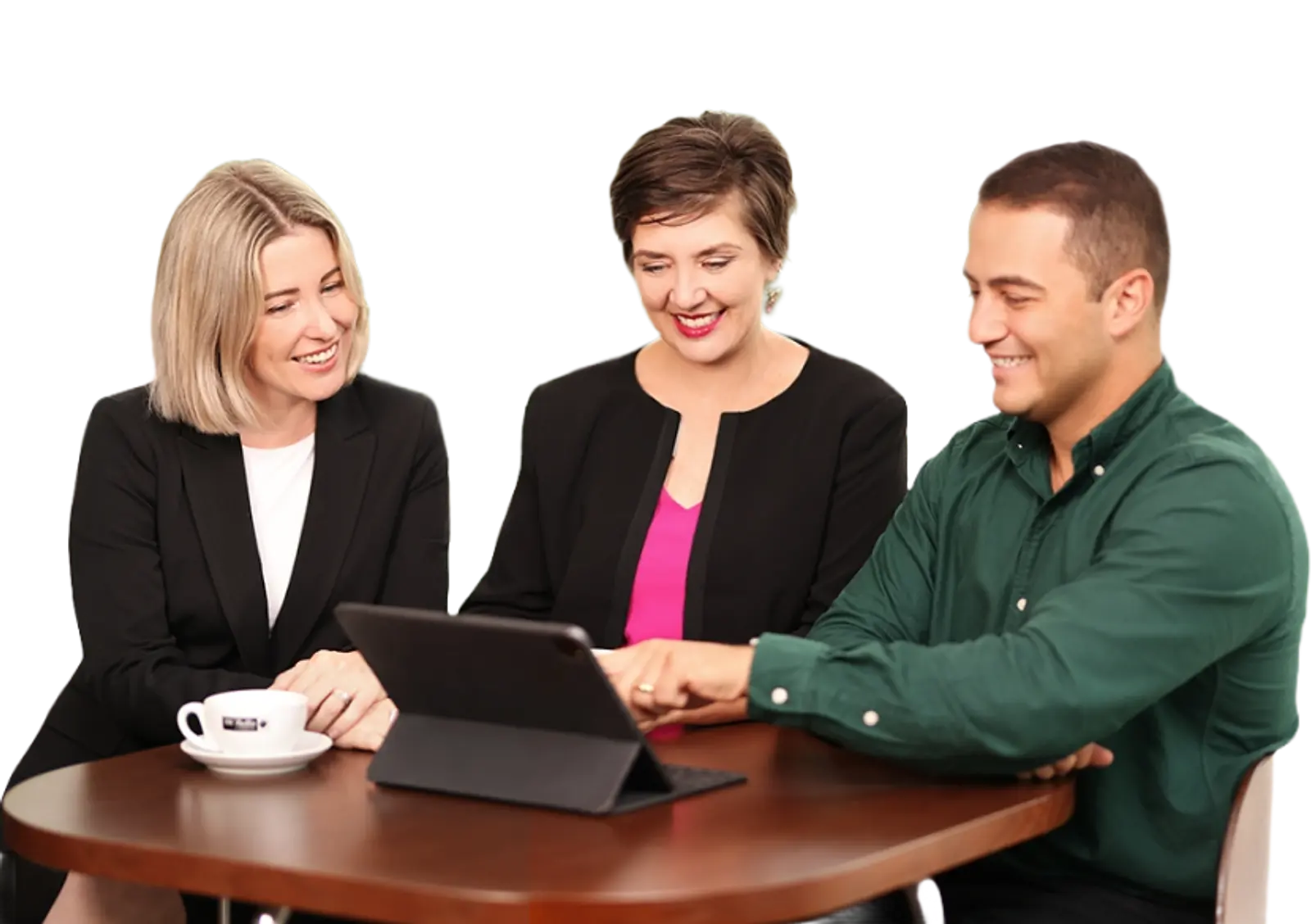 Team Collaboration | CAQA LLND A business team collaborates around a tablet during foundation skills training.