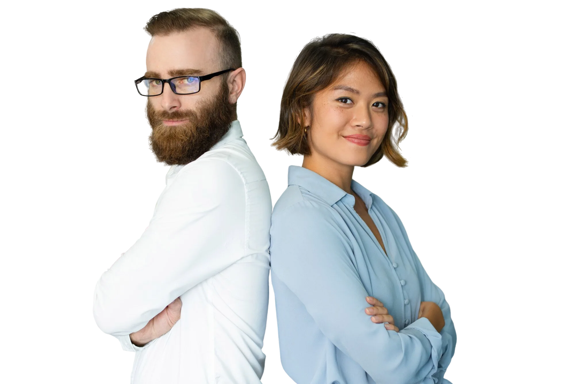 Team Collaboration | CAQA LLND A man and woman stand back-to-back, demonstrating collaboration in employability skills training.